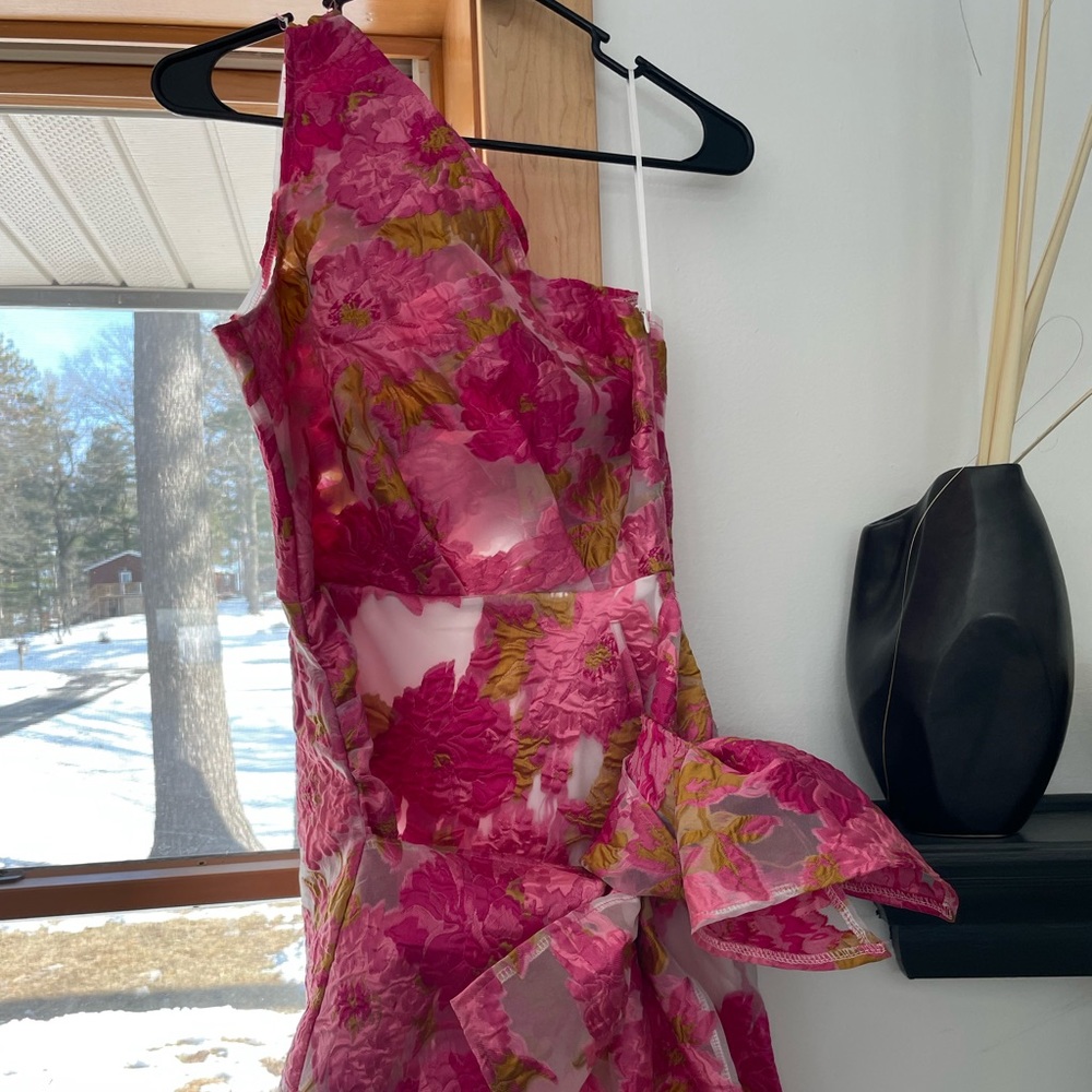 PINK jacquard one shoulder mini dress